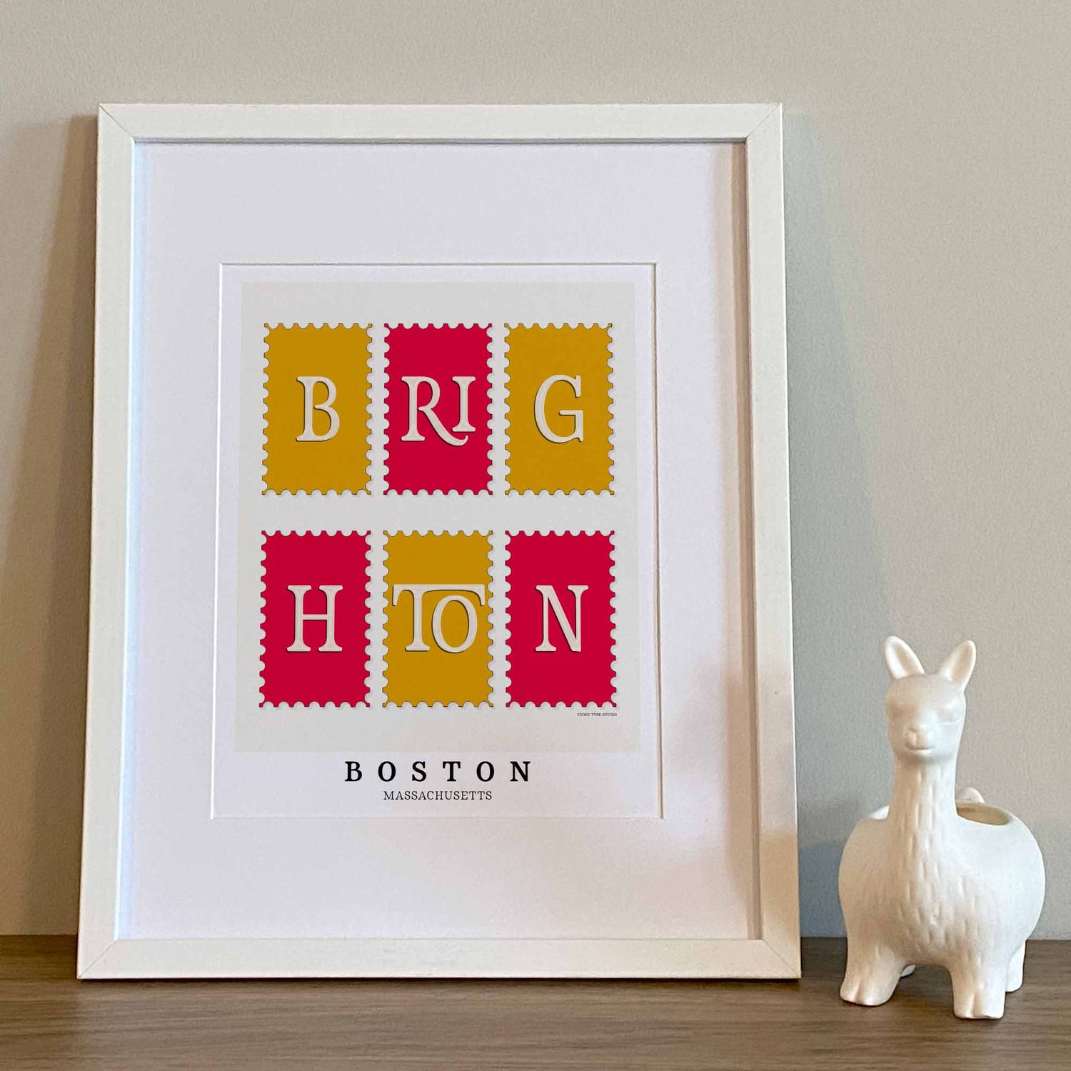 Brighton neighborhood art print with bold, type-forward lettering arranged in a postage stamp layout.