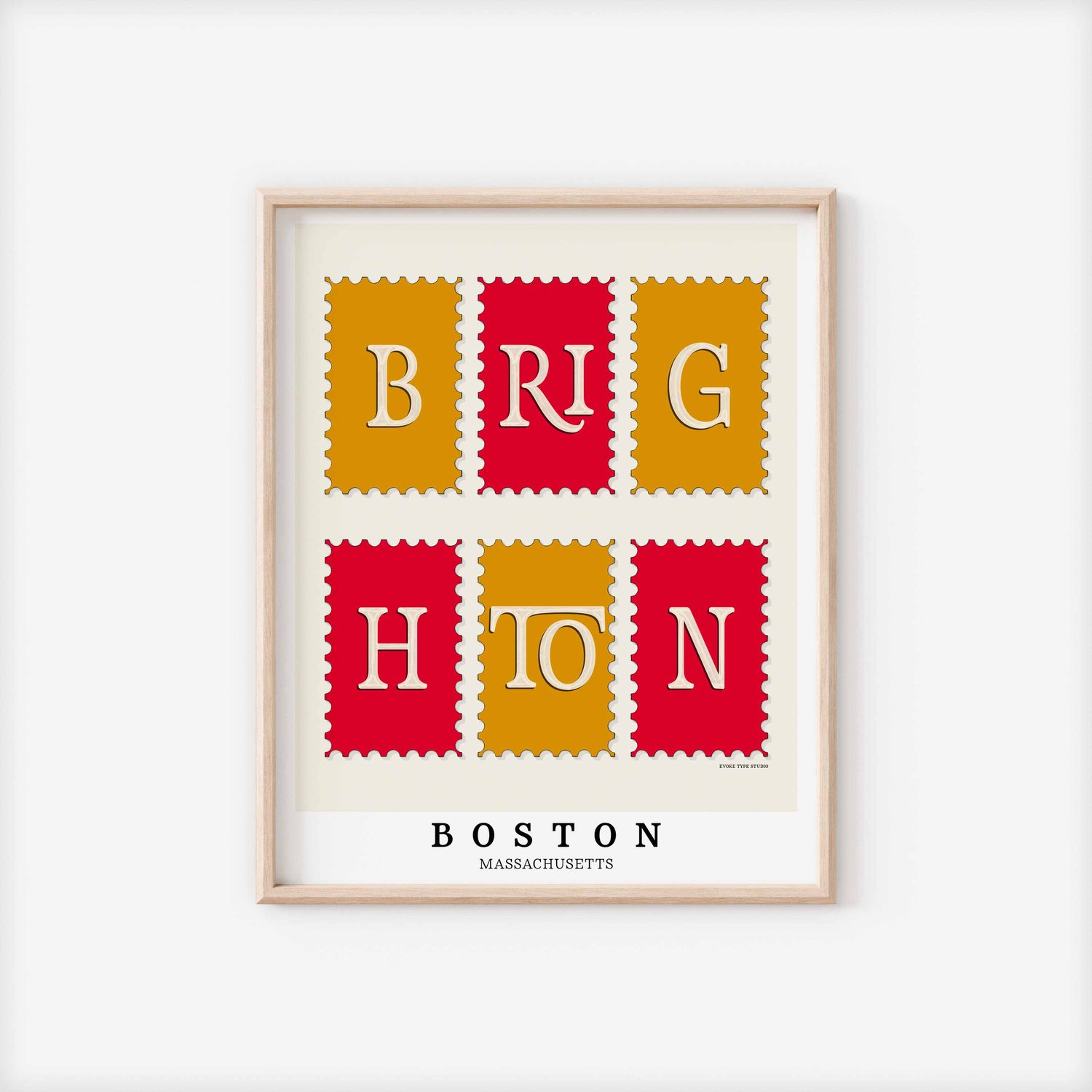 Brighton neighborhood art print with bold, type-forward lettering arranged in a postage stamp layout.