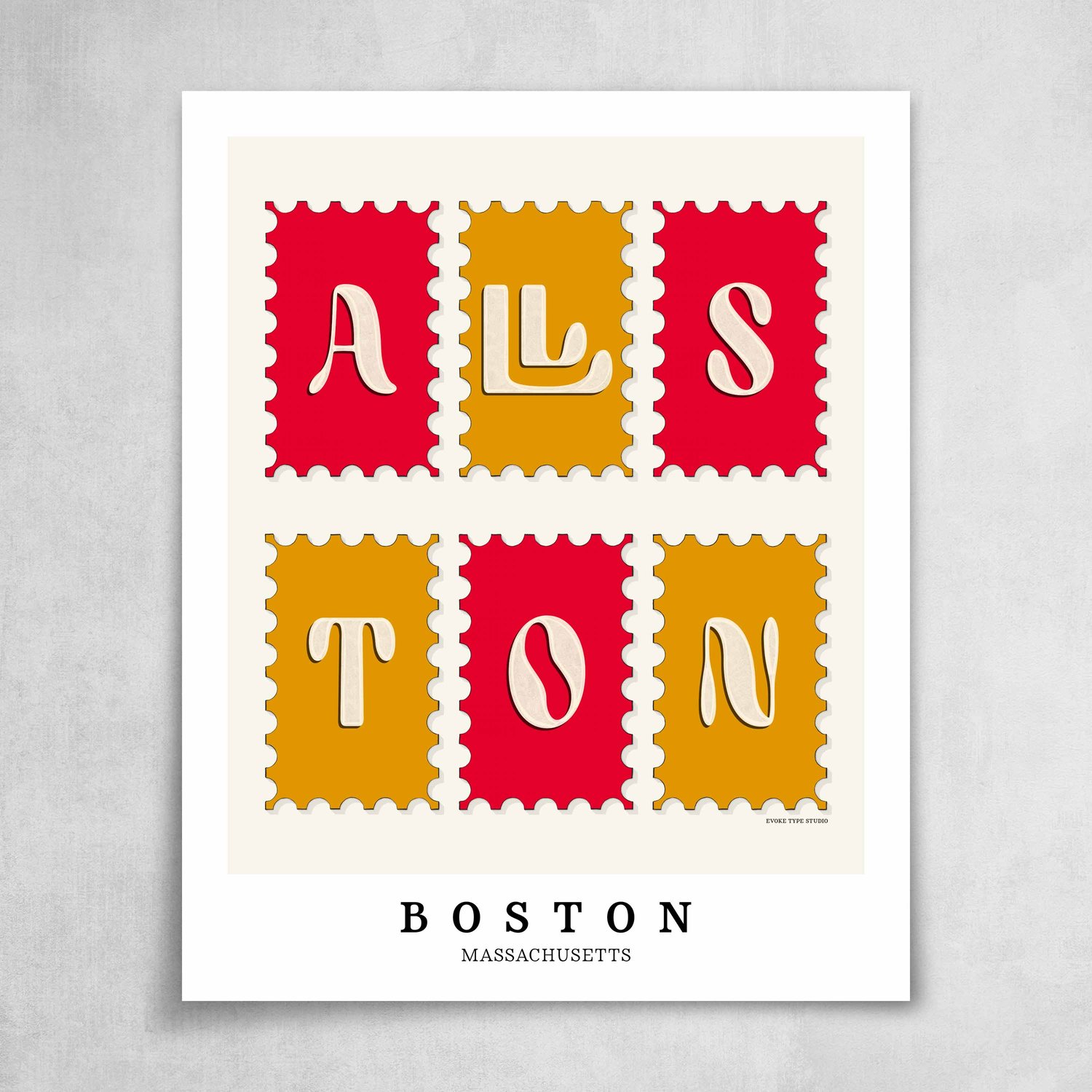 A collection of red and yellow postage stamps featuring the Allston neighborhood in Boston, Massachusetts