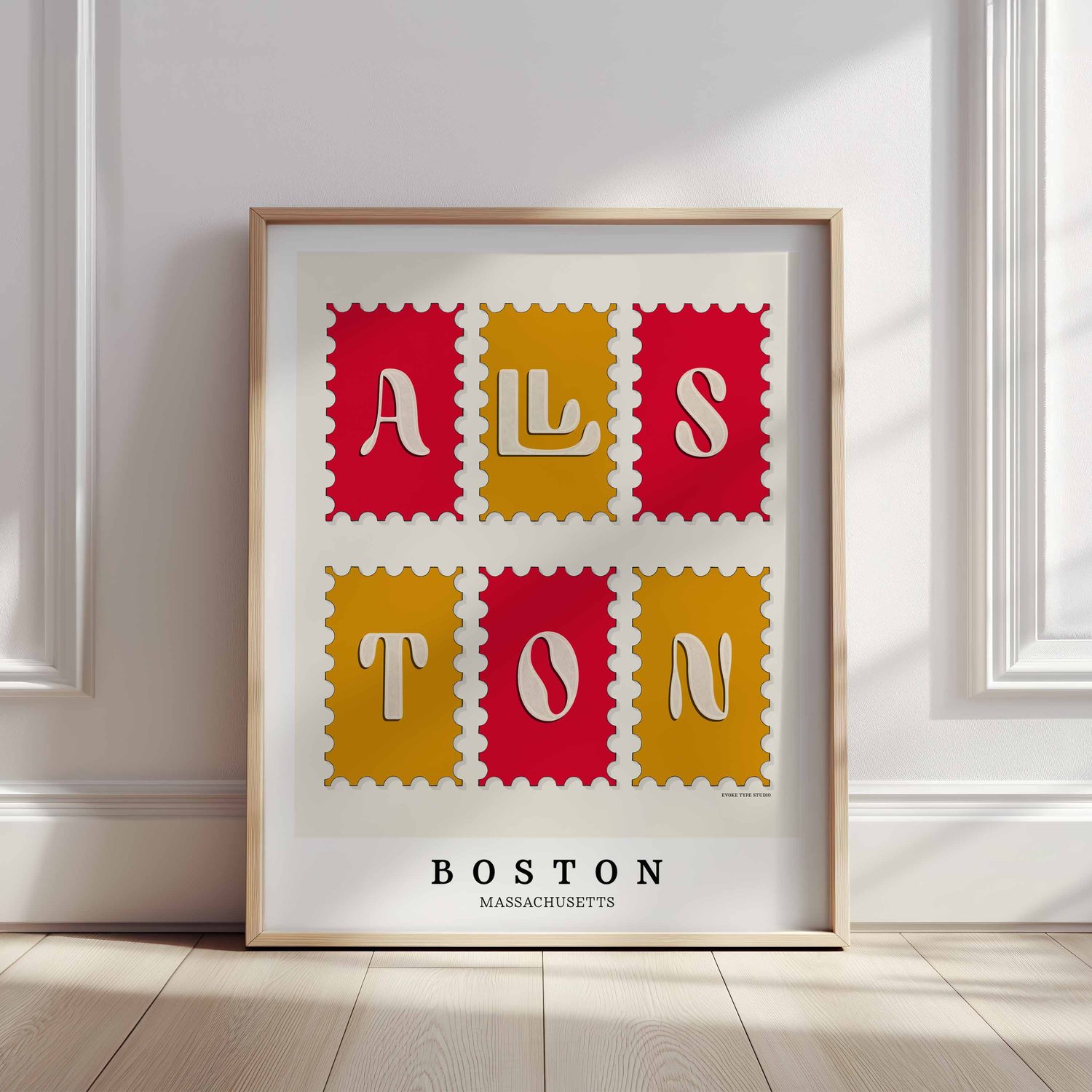 A framed picture of several postage stamps