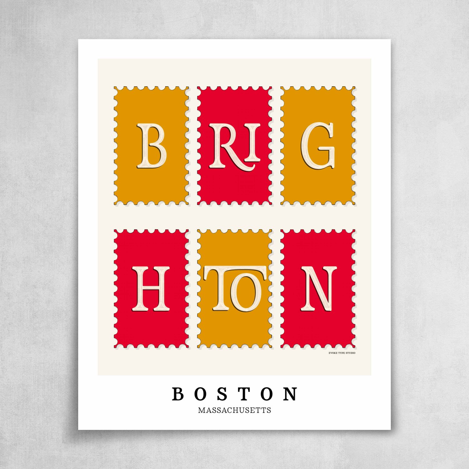 A collection of red and yellow postage stamps featuring the Brighton neighborhood in Boston, Massachusetts