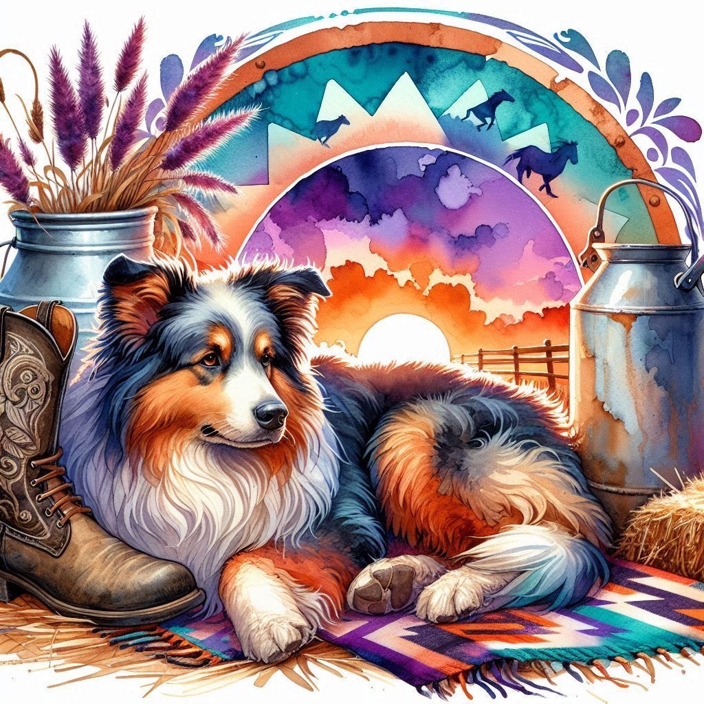 Centered and fit within the design area watercolor alcohol inks Whimsical yet realistic a fluffy shaggy Australian shepherd dog sleeping on a colorful Potawatomi native American horse blanket in vibrant bold natural colors a pair of weathered black rubber