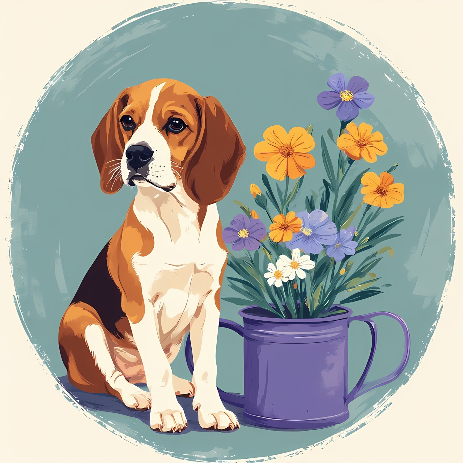 centered and within design area in simple silhouette a whimsical minimalist close up of a sitting tall beagle puppy next to an purple porcelain watering can with colorful forget me not flowers planted inside a watering can on a muted teal background with 