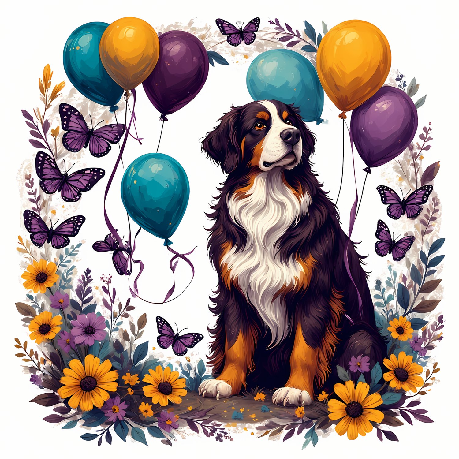 Simple folk style illustration of a Beautiful maroon, purple, teal, mustard yellow with white a Bernese mountain dog holding balloons tied with pretty ribbons surrounded by Lavender and black plaid butterflies in a circle border made flowers and lace on a