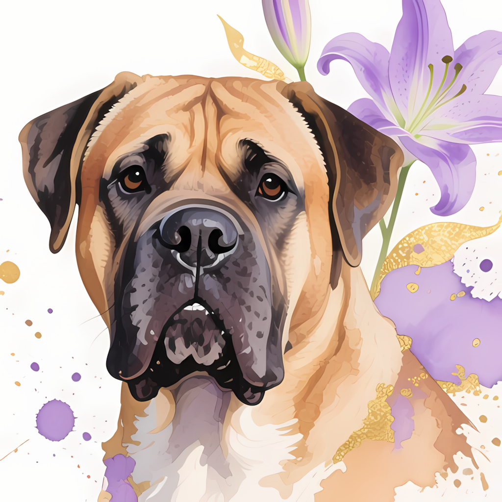 Generate: A stunning Boerboel dog's face in a soft, watercolor style. The dog should have paint smudges and watercolor paint mingling together. There should be a subtle, nuanced change in colors using the impasto technique with gouache paint. There should