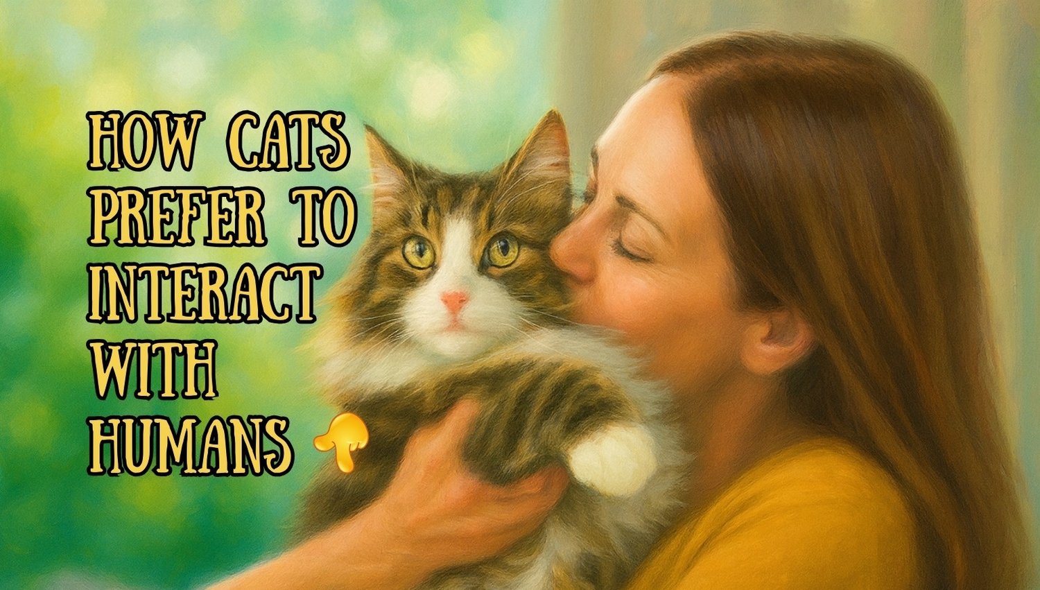 Impressionistic digital painting of a middle-aged woman lovingly kissing her fluffy Maine Coon cat with striking green eyes, warm sunlight and soft green bokeh background, symbolizing deep emotional bond between pets and owners.