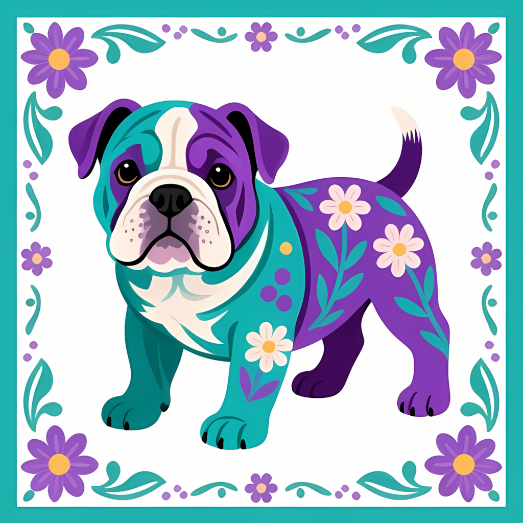 Centered and within design area a teal and a purple english bulldog puppy facing forward in folk art style with Flower patterns in an overlay on the dogs on an all white background