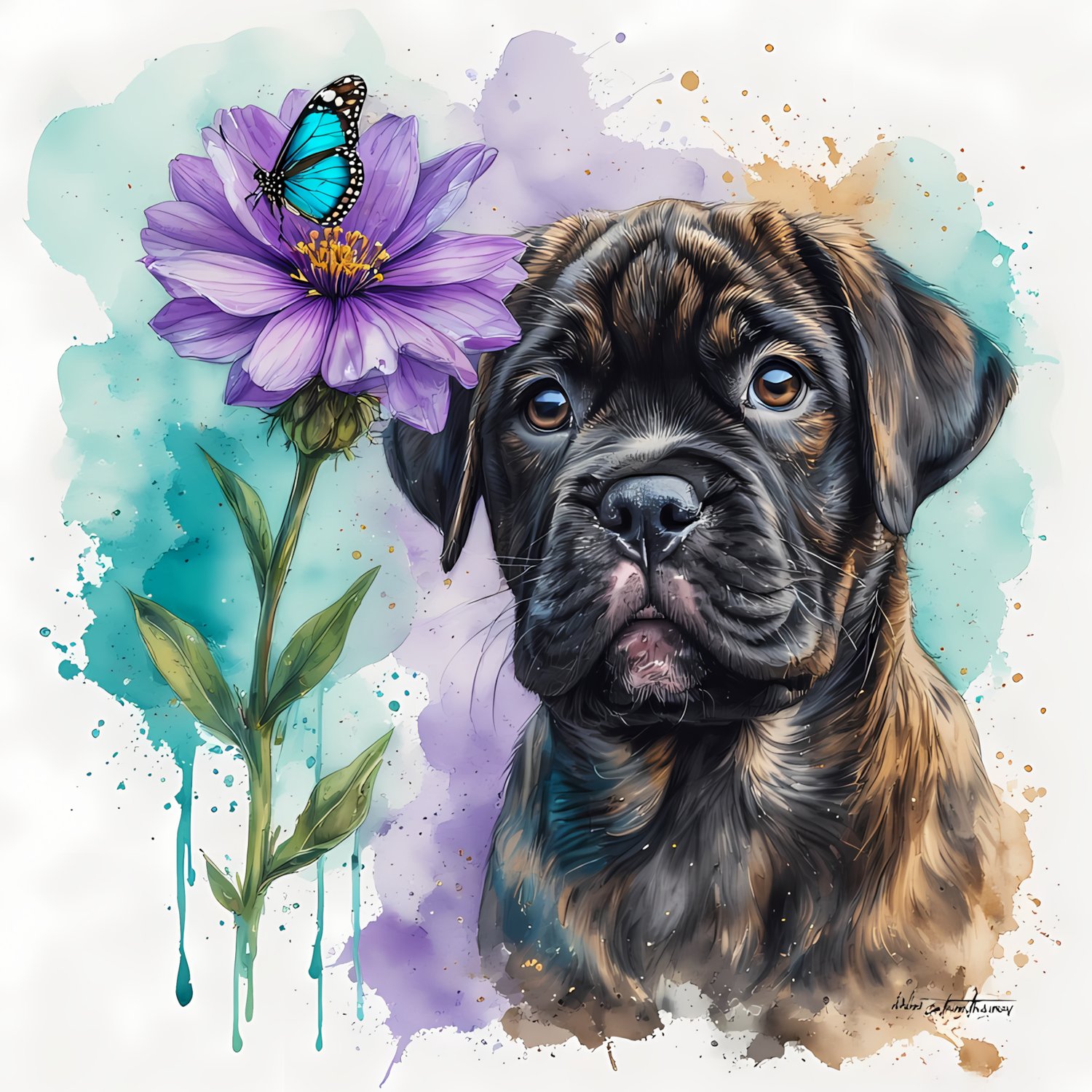 watercolor closeup of an adorable brindle colored Bullmastiff puppy sitting next to a lavender flower with a colorful teal butterfly on the flower.  The flower is portrait with dripping watercolor ink and gold accents for alcohol ink effect, paint splatte