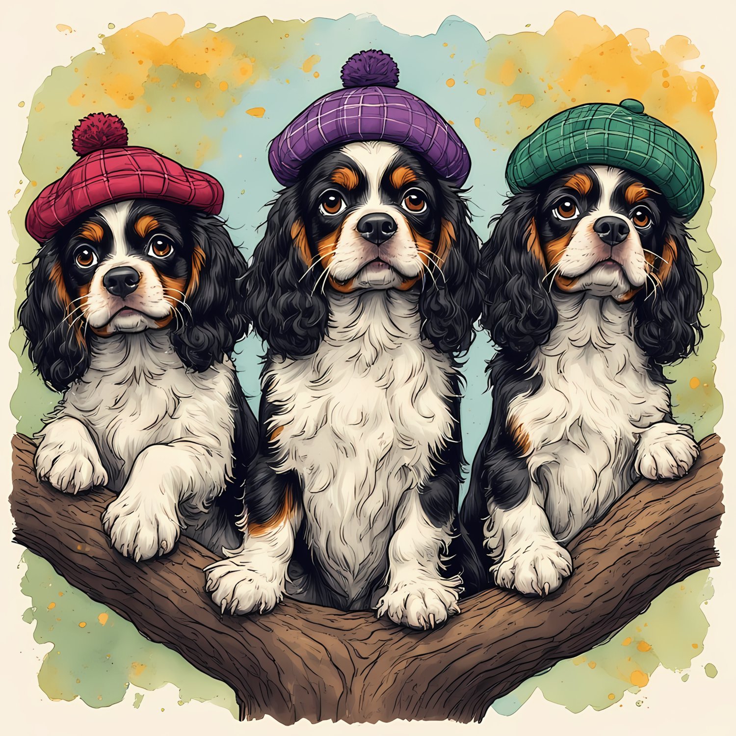 Centered and within design space watercolor and ink sketch of three whimsical furry Cavalier King Charles spaniel puppies some tall some short, with googly eyes, tufts of straggly hairs, silly facial expressions, holding on by their arms and wearing plaid