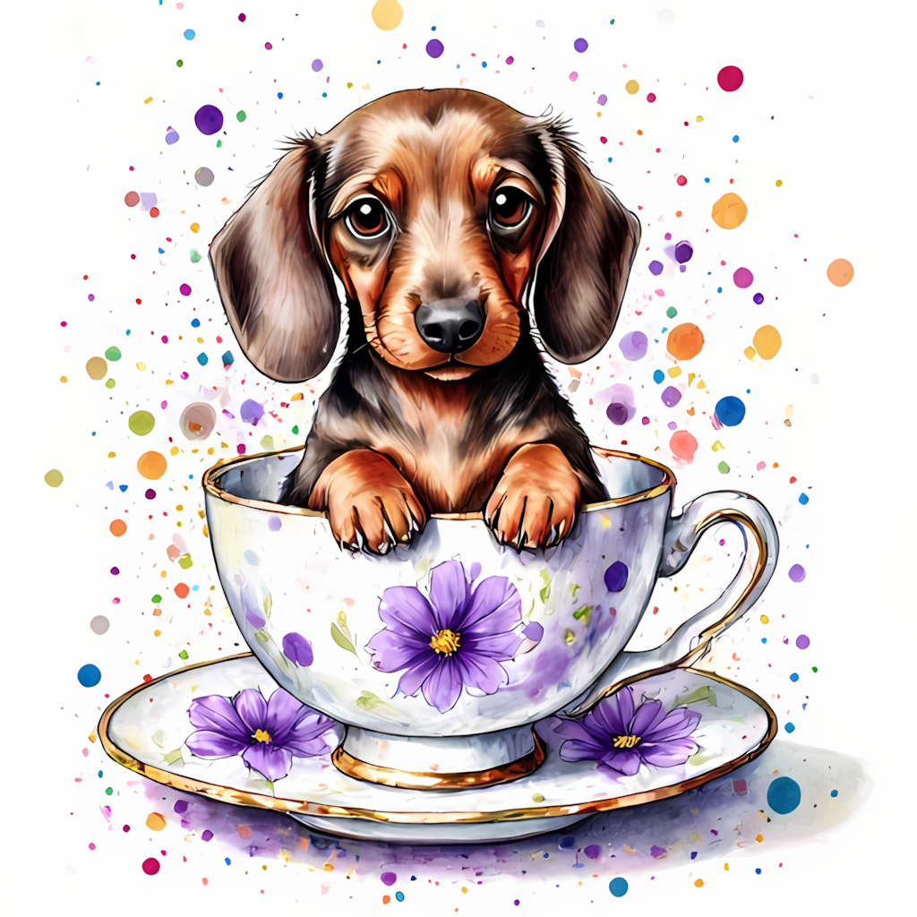 Centered and within Design Area in watercolor ink of a whimsical dachshund dog, sitting with head tilted up eyes closed and a smile with a circle border and an all white background add flowers floating