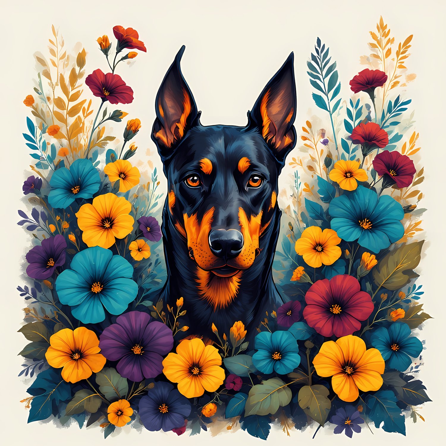 Simple folk style illustration of a Doberman surrounded by a colorful petunia flower border on an all white background. Petunias are teal, purple, mustard yellow, maroon