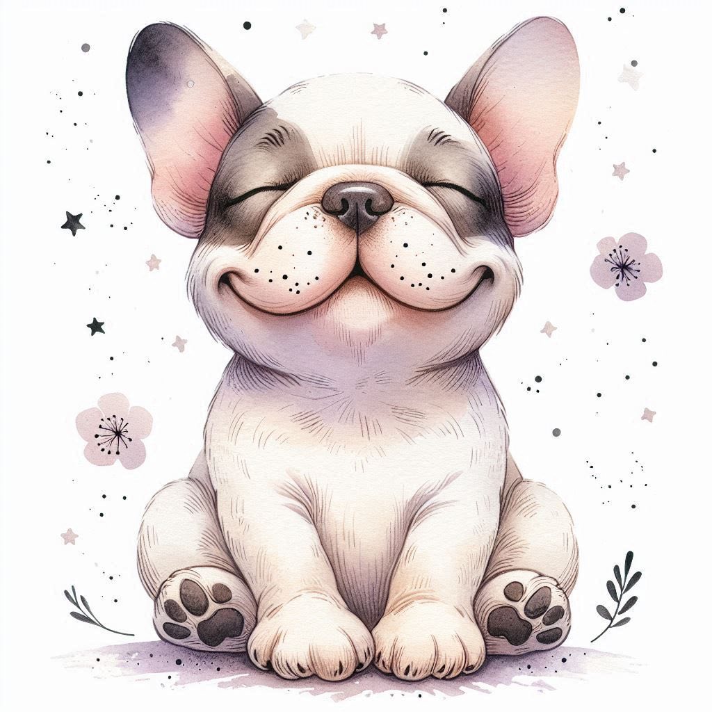 Centered and within Design Area in watercolor ink of a whimsical french bulldog, sitting with head tilted up eyes closed and a smile with an all white background