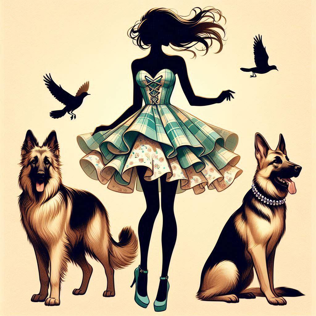 Woman Silhouette with 2 German Shepherd dogs