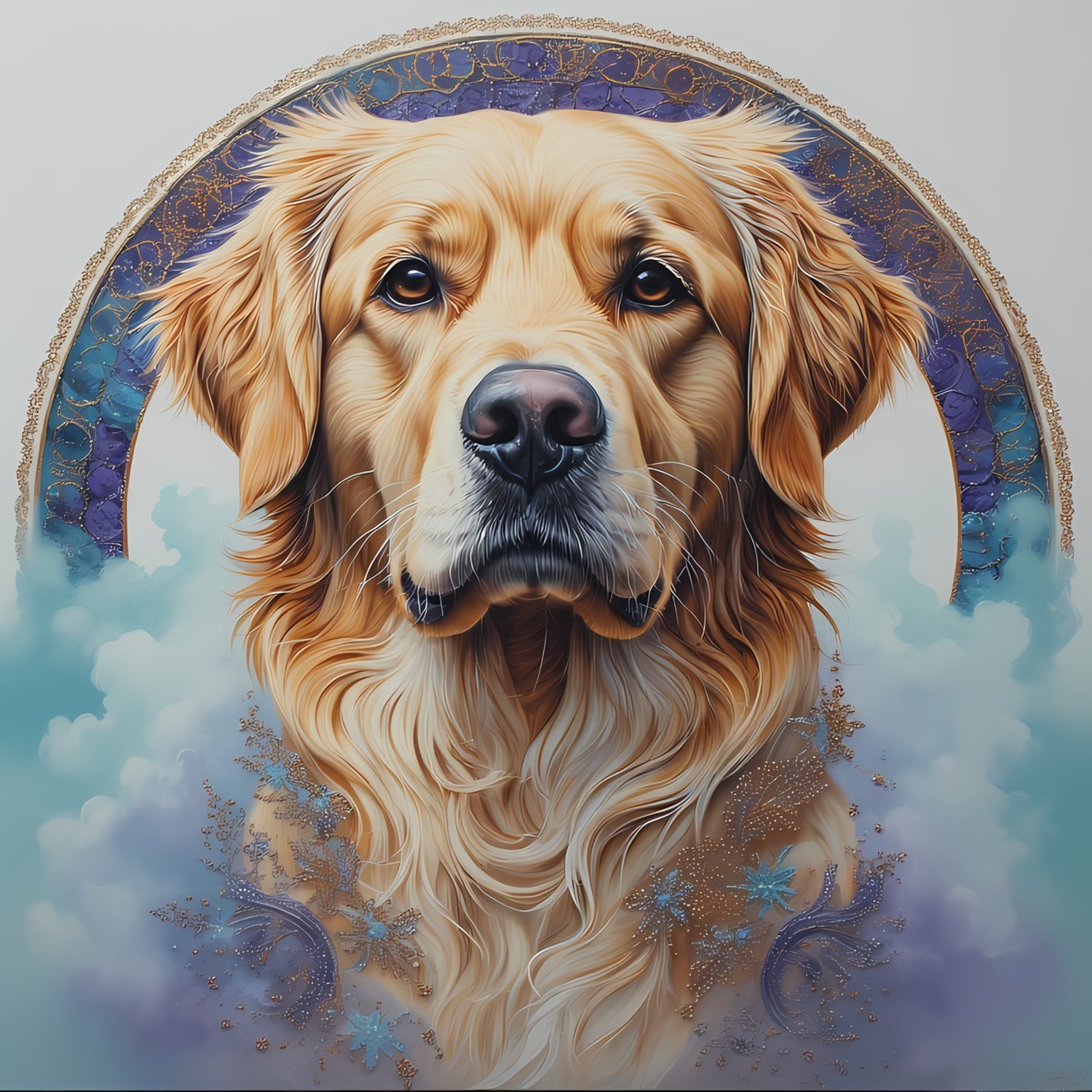 Centered and fit within design area in colorful quinten blake Style, Acrylics, Nature. Whimsical but realistic Golden Retriever standing proudly, decorated with lace-like effects in purple, brown, blue, teal, navy blue, silver,  black and pearl white. Bol