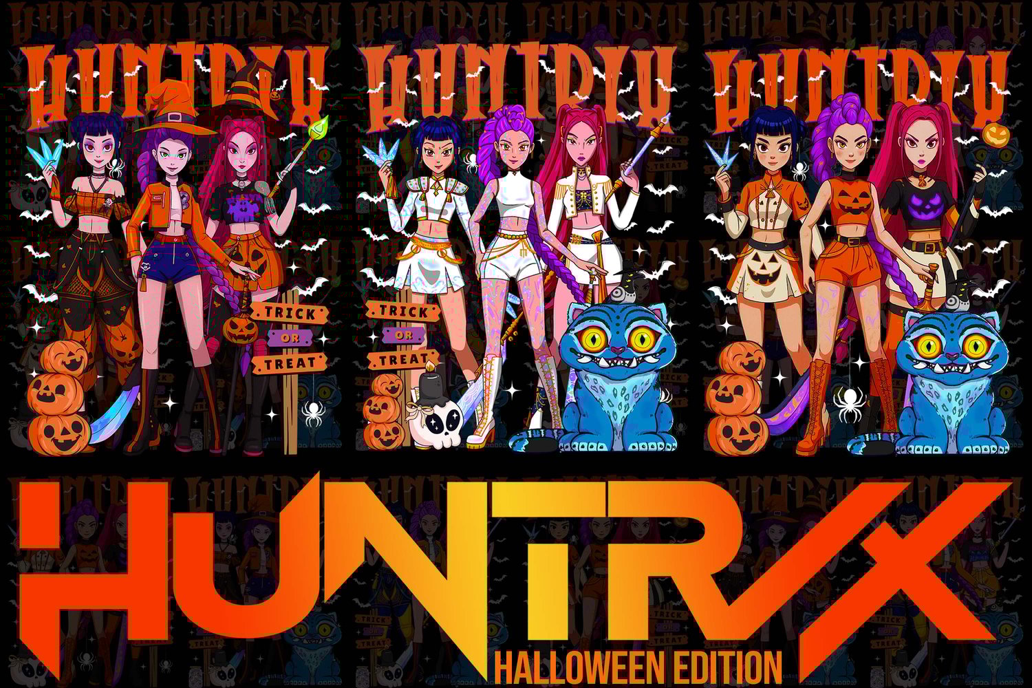 anime halloween png for print, huntrix, kpop demon hunters, rumi, zoey, mira