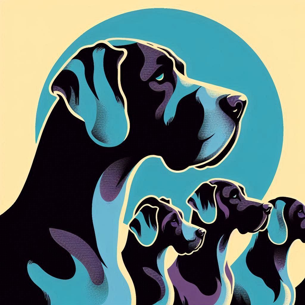 A minimal vector style illustration using Teal Black and Burgundy and purple colors of A close up of 5 great dane dogs sitting in front of A blue moon shape on an empty, Pale yellow sun color background