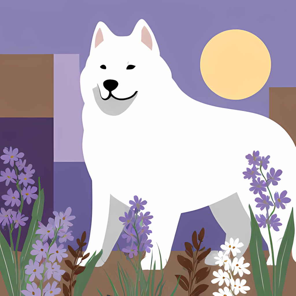 Modern vector art of a large white dog great pyrenees in early Spring, featuring purple, lilac, green, brown and white flowers, the minimalistic painting includes a moon, with a geometric vector art background, different colored blocks