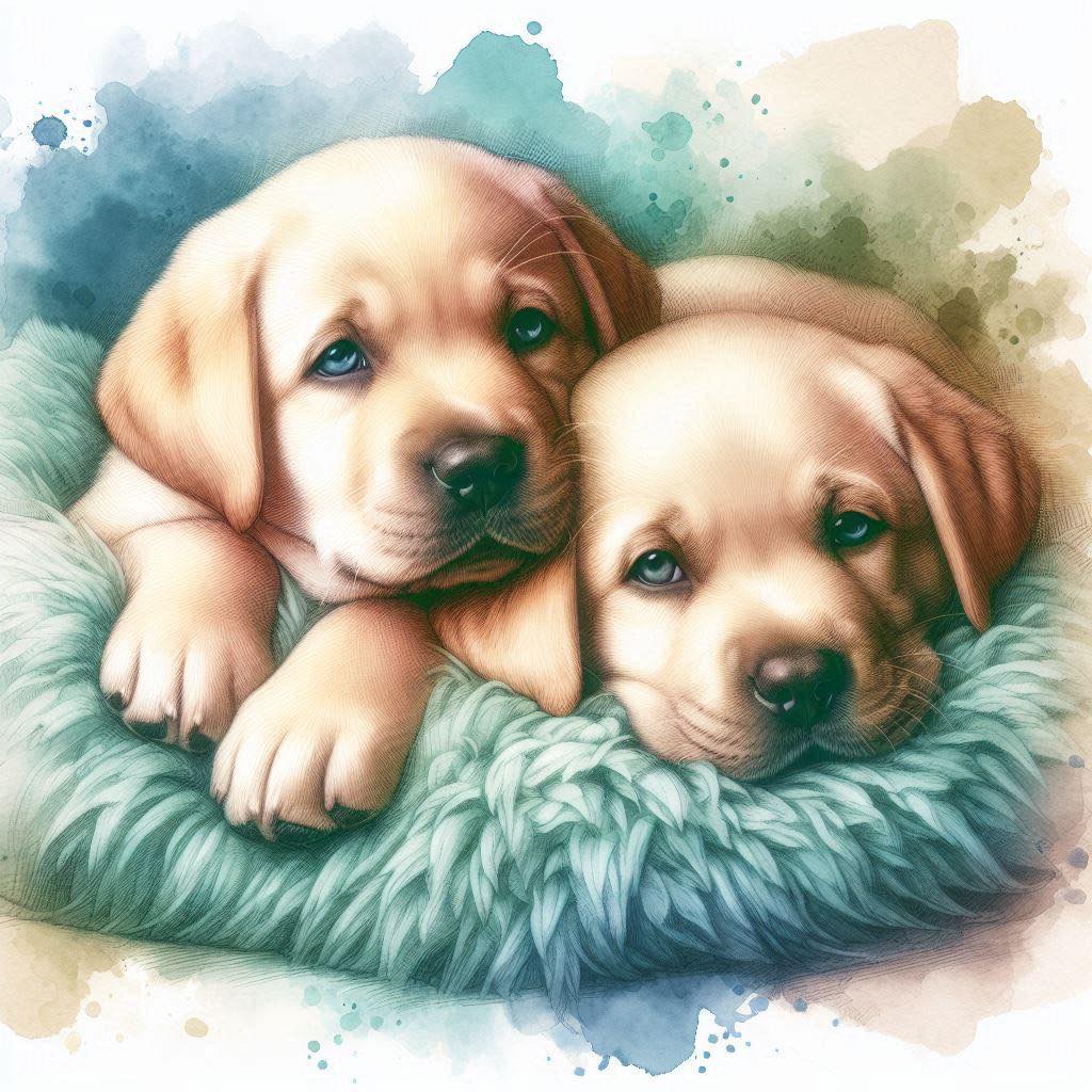 Two Labrador puppies in watercolor