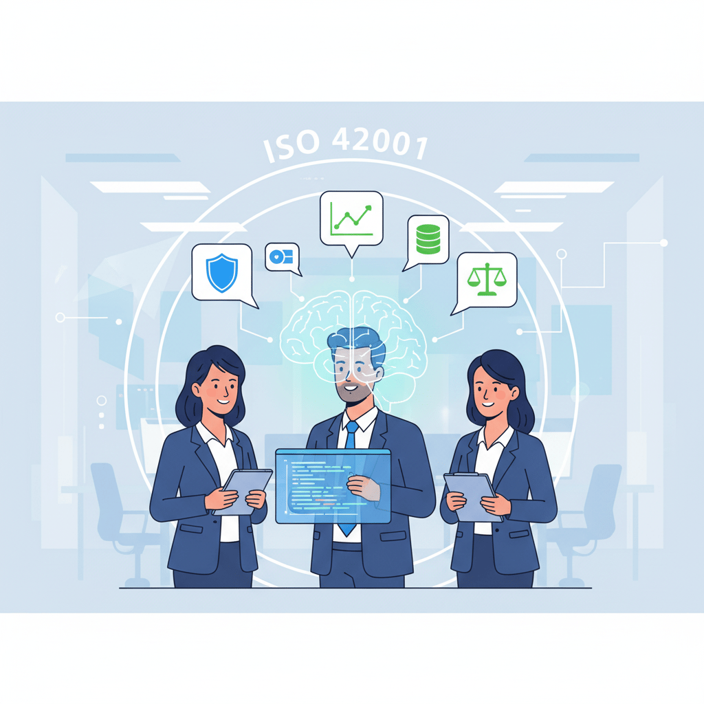 A modern illustration of three diverse professionals — a business leader, a data scientist, and an auditor