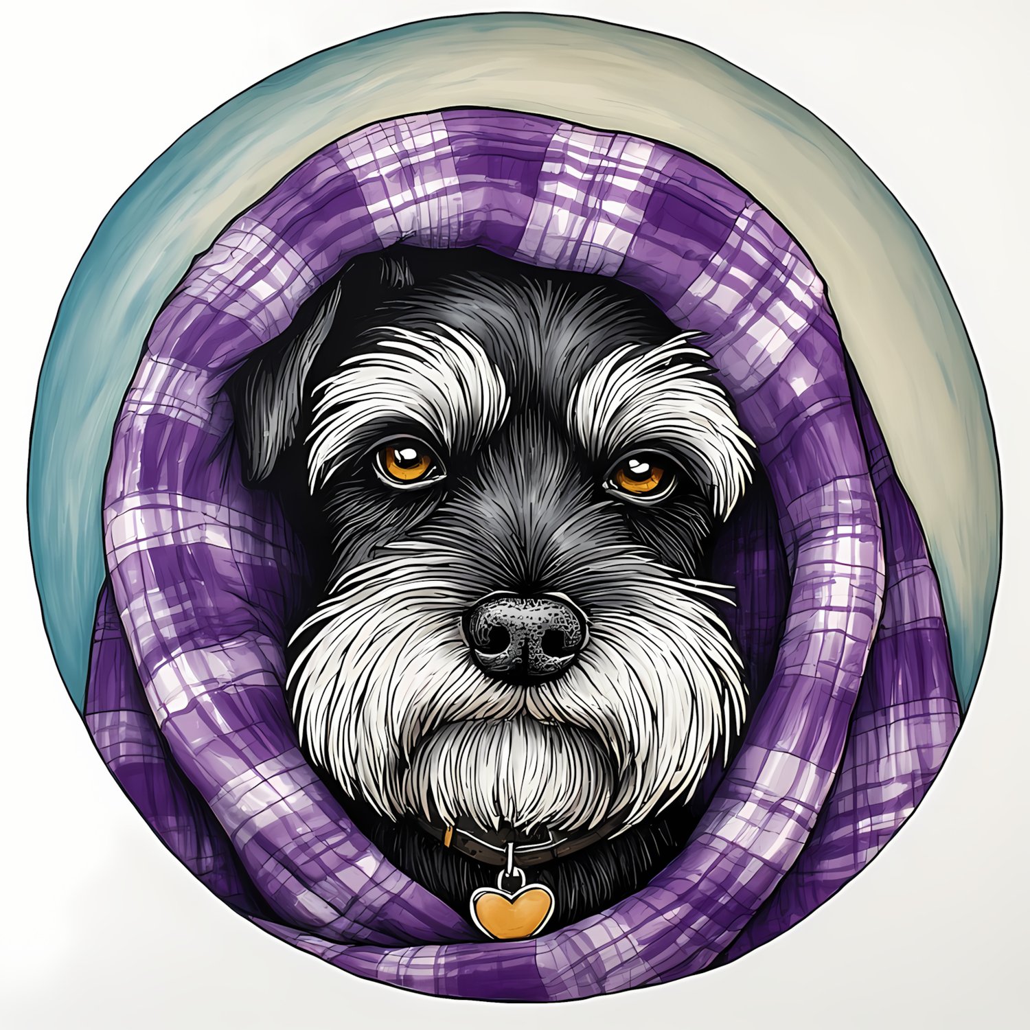 Centered and within design area a Whimsical, cartoon-style, black marker and ink portrait style of a miniature schnauzer dog with striking sleepy golden brown eyes, partially covered by a purple and white plaid blanket. The dog’s face is the main focus, w