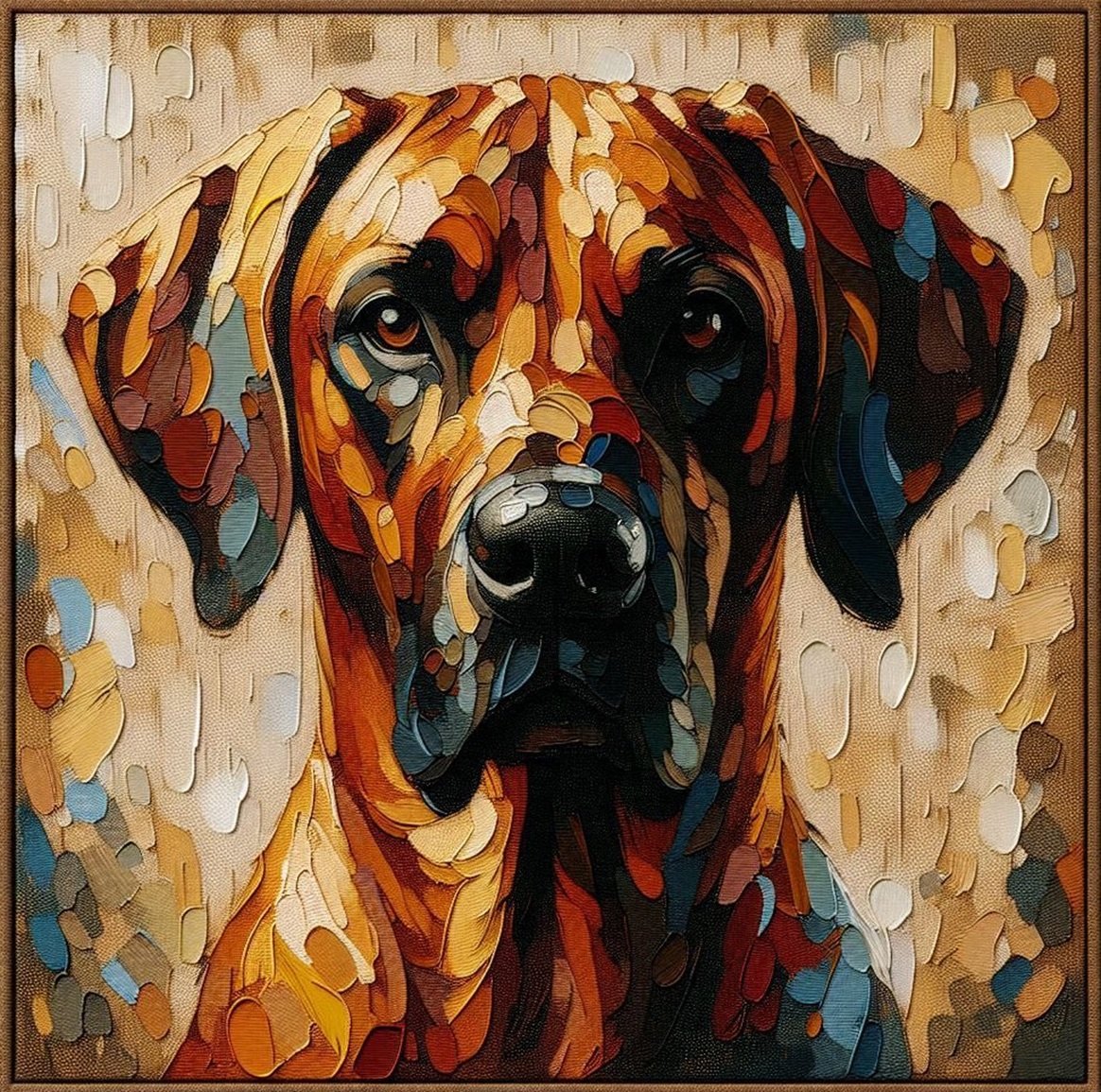 Centered and within design area in thick impasto with wide cards of a rhodesian ridgeback on a linen textured background