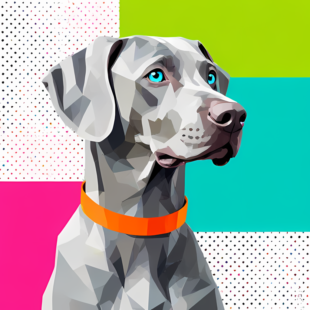An abstract geometric design of a weimaraner dog, with a light gray coat, striking light-blue, almost transparent eyes, and a neon orange collar around its neck. Its head is tilted slightly to the side, as if it is looking off into the distance. the backg