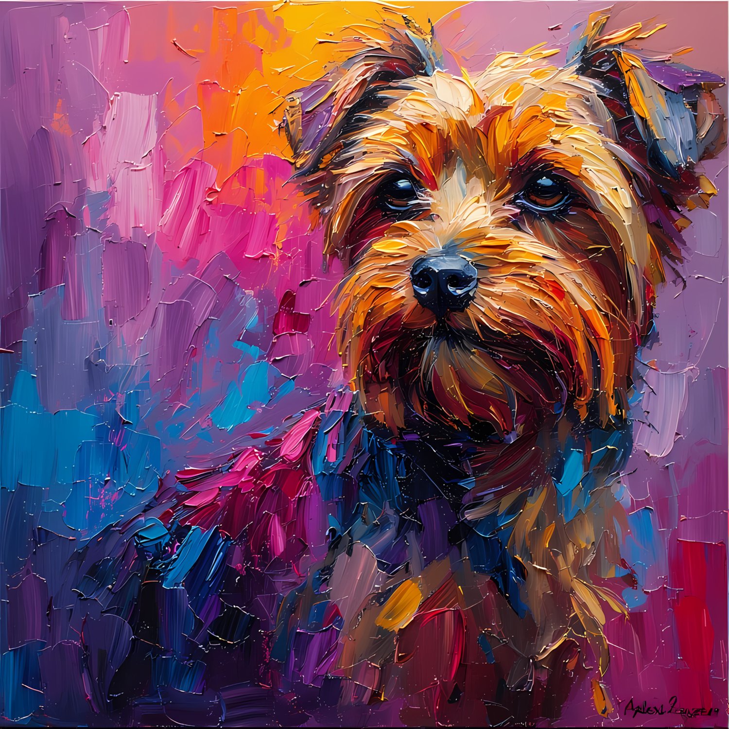 A very colorful, vivid, bold, wild and expressive background, thick visible brushstrokes and lines and a Yorkshire terrier in impasto style