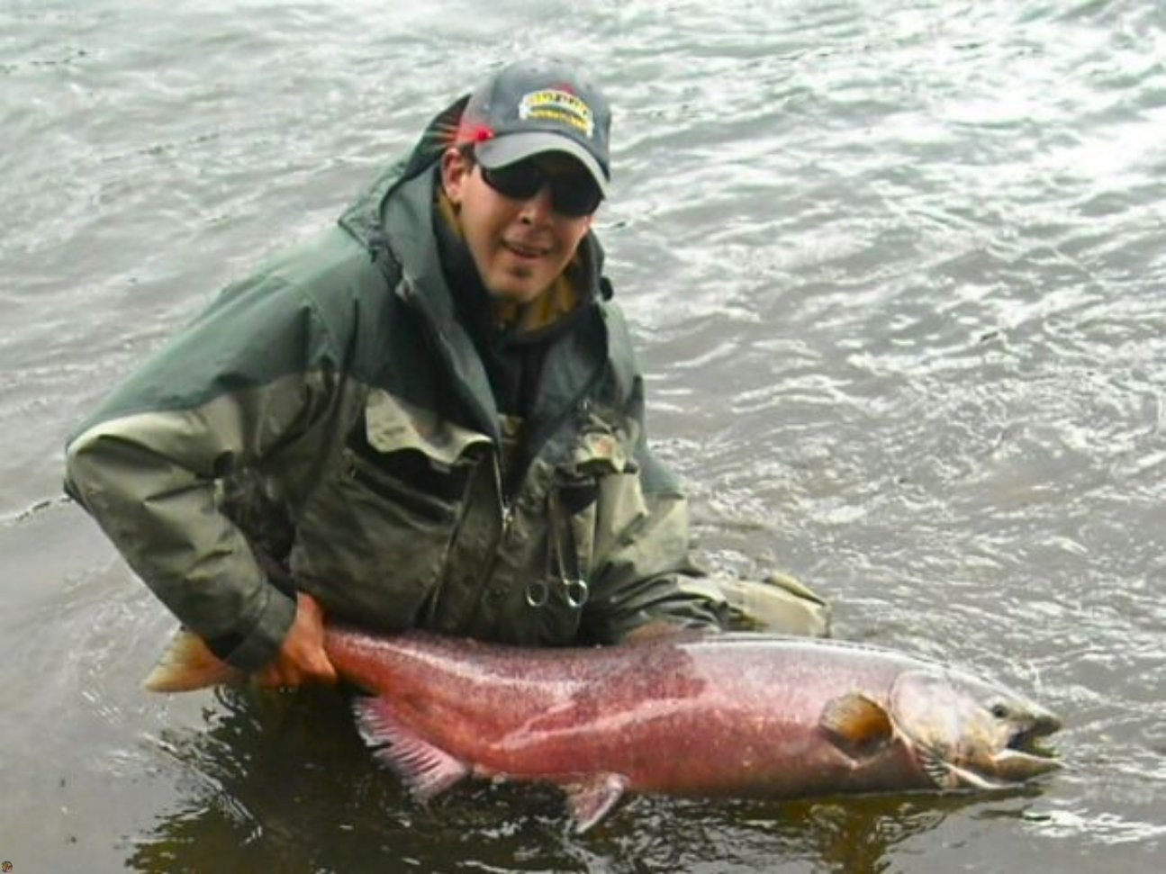 Fly fishing guide Matt Campbell holding a large king salmon caught on the Kenai River near Soldotna, Alaska.
