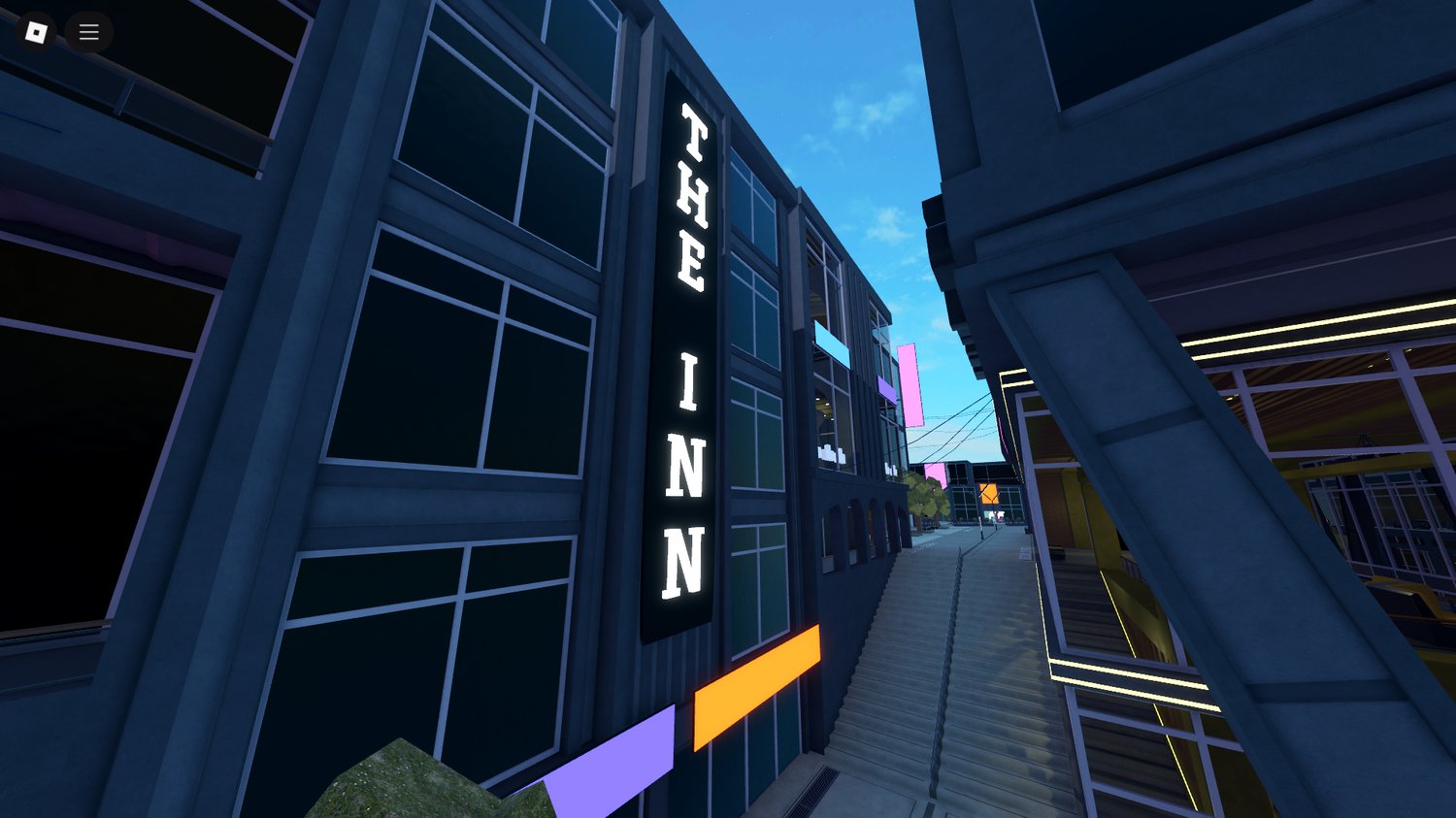 Roblox cyberpunk showcase with glowing billboards