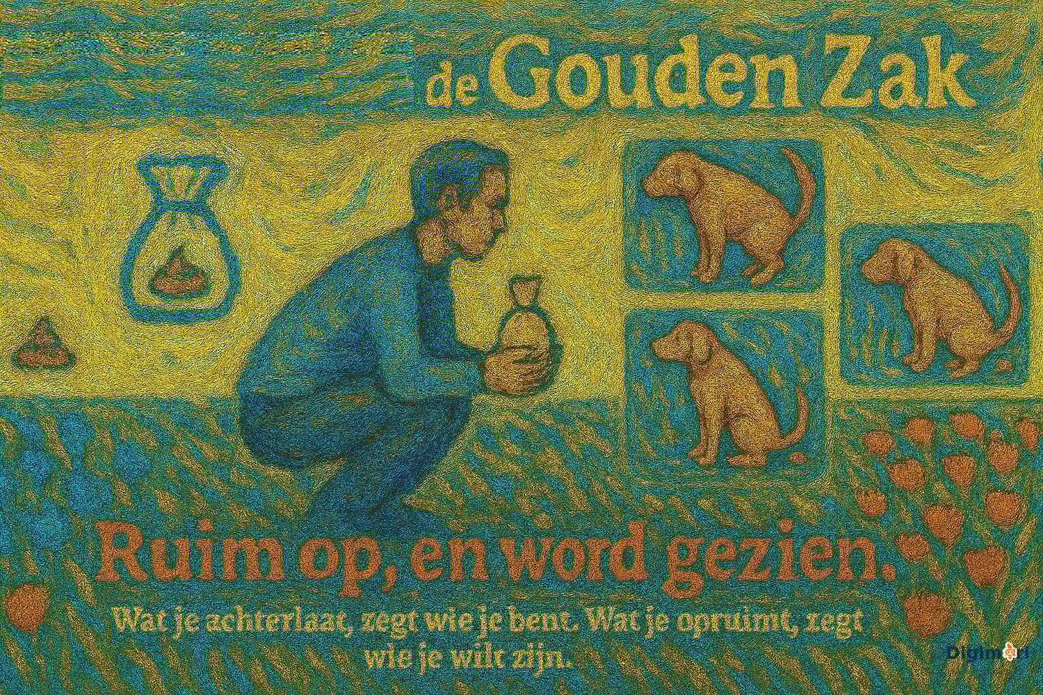 hondenpoep opruimen, verantwoordelijkheid hondeneigenaar, sociale normen, Digimari fabel, buurt ergernis, hondenpoep probleem, milieubewust gedrag, hondenetiquette, openbare ruimte schoonhouden