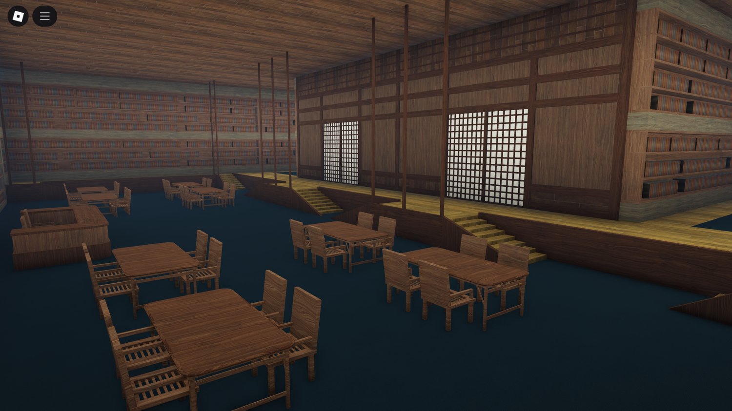 Detailed interior of Roblox Japanese library