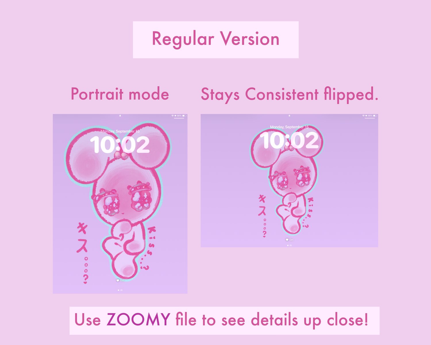 Text reads “Regular Version.” There’s a screenshot of a tablet lock screen in portrait mode. The wallpaper background is of a cute, pastel pink rabbit against a purple background with both Japanese and English text that reads “Kiss…?” Above the screenshot