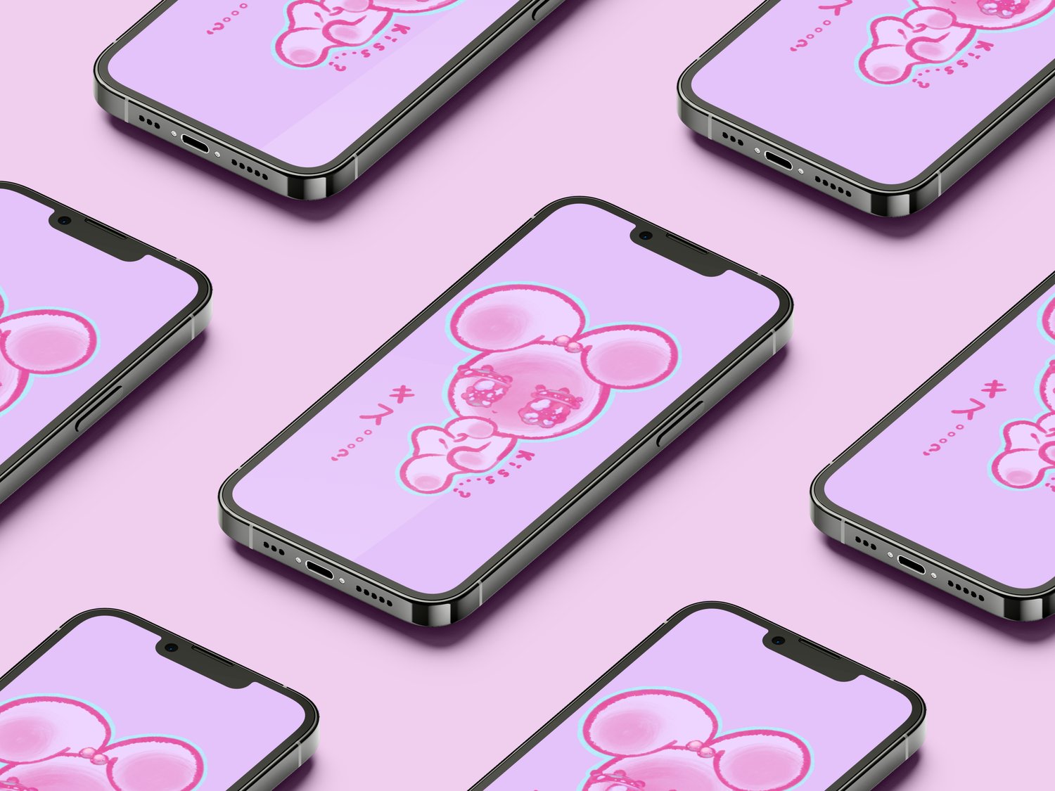 There are multiple phones lined up together flat against a pinkish background. They all have a wallpaper of a cute pastel pink rabbit with a purple background, with both Japanese and English text that reads “Kiss…?”