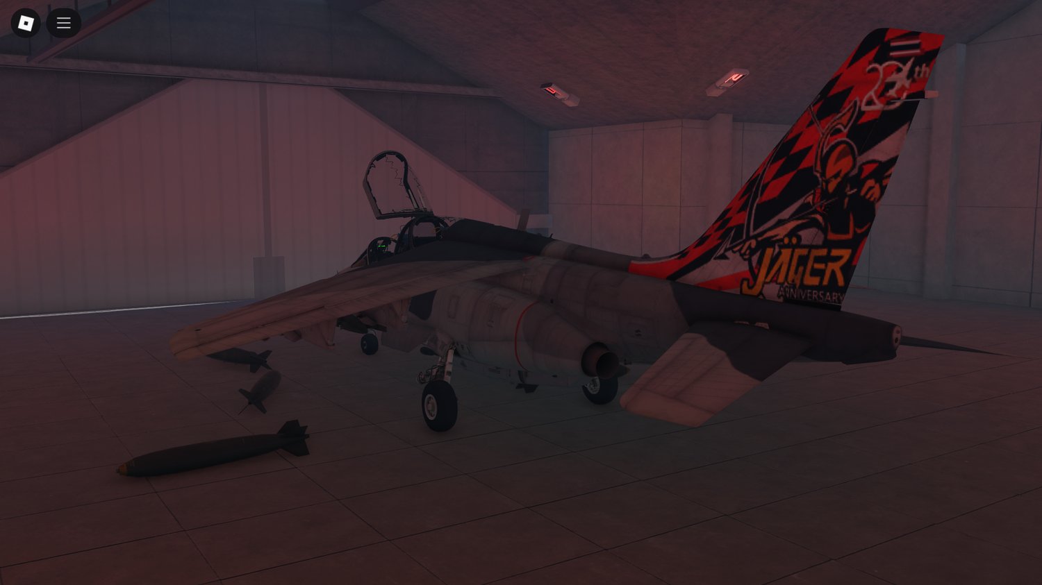 Military roleplay scene in Roblox hangar