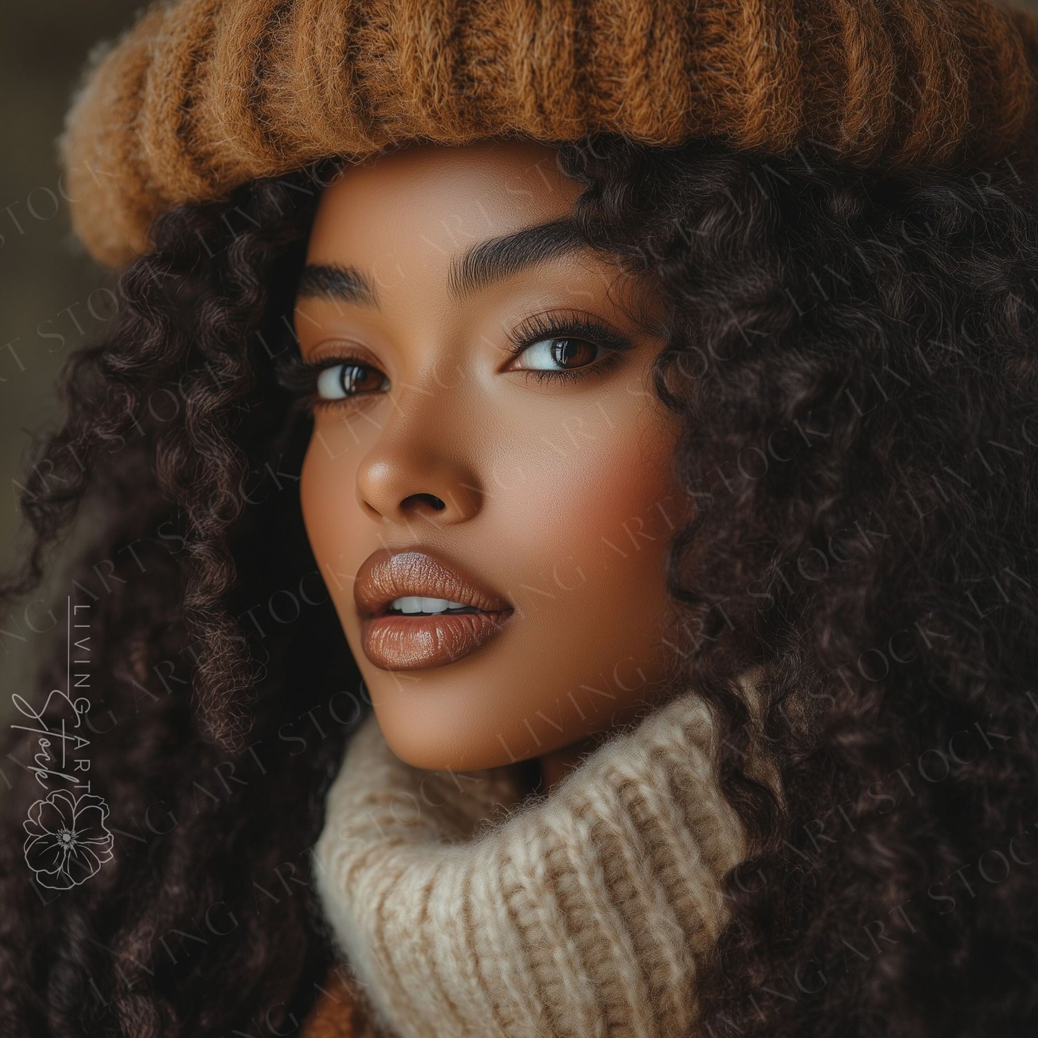 Beautiful black woman with long curly hair wearing tan and beige knitwear