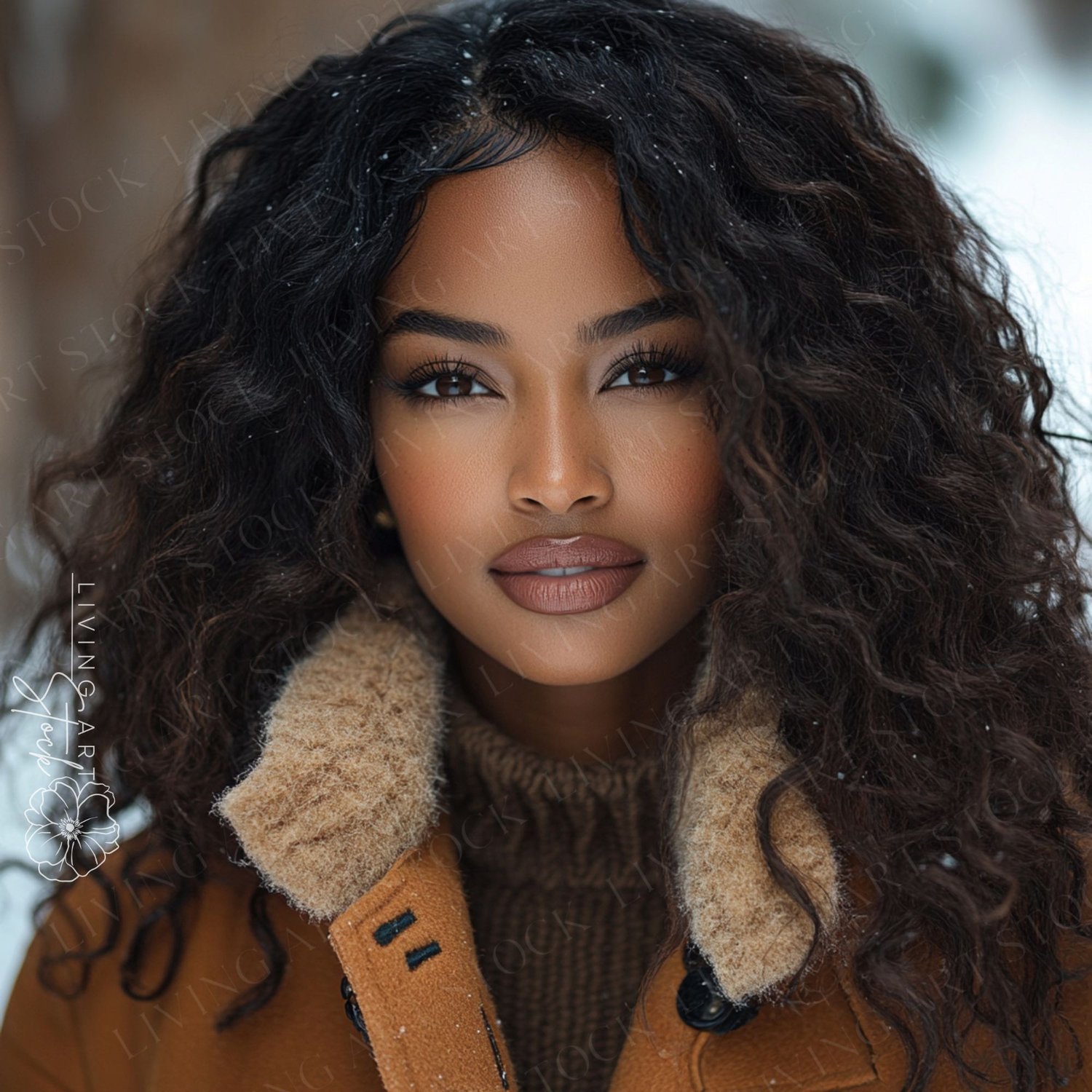 Beautiful African-American woman wearing a cozy, brown-toned winter coat with a fleece collar and a turtleneck sweater, suggesting a fashion shoot or seasonal theme