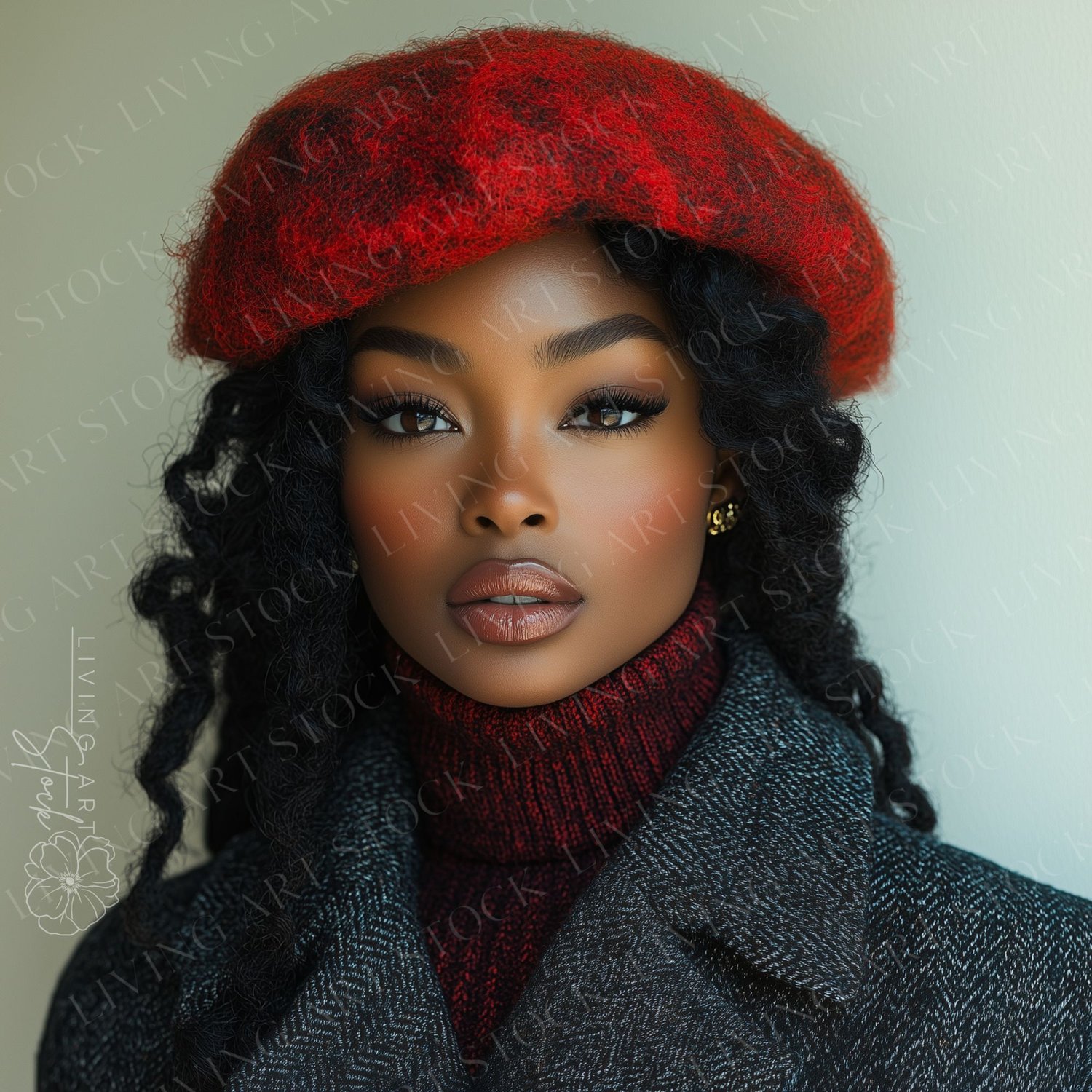Dark skin black woman wearing red wool beret and grey wool overcoat
