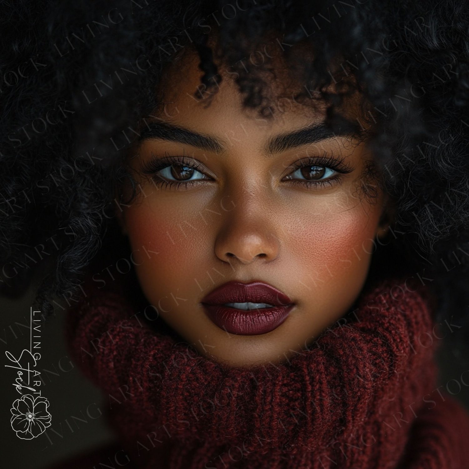 close-up editorial portrait of a beautiful African-American woman. The focus is on her striking facial features and a direct, confident gaze. She is wearing a cozy, oversized burgundy turtleneck sweater