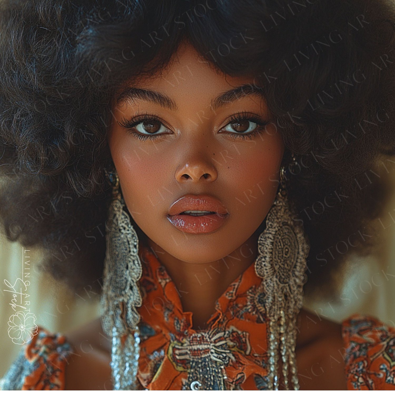 A captivating, high-fashion close-up portrait of a beautiful African-American woman. The image focuses on her confident gaze and elegant features, framed by her voluminous afro hairstyle. She is wearing a rust-colored blouse with a bohemian or ethnic prin