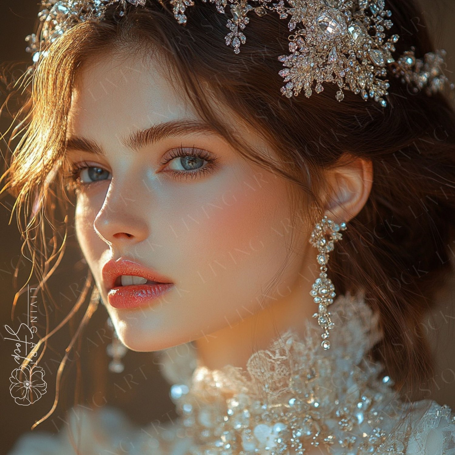 A stunning, ethereal close-up portrait of a beautiful woman, showcasing a glamorous and regal aesthetic. She is adorned in a glittering tiara or crown and elegant diamond earrings, and a delicate, sparkling high collar. The focus is on her serene expressi