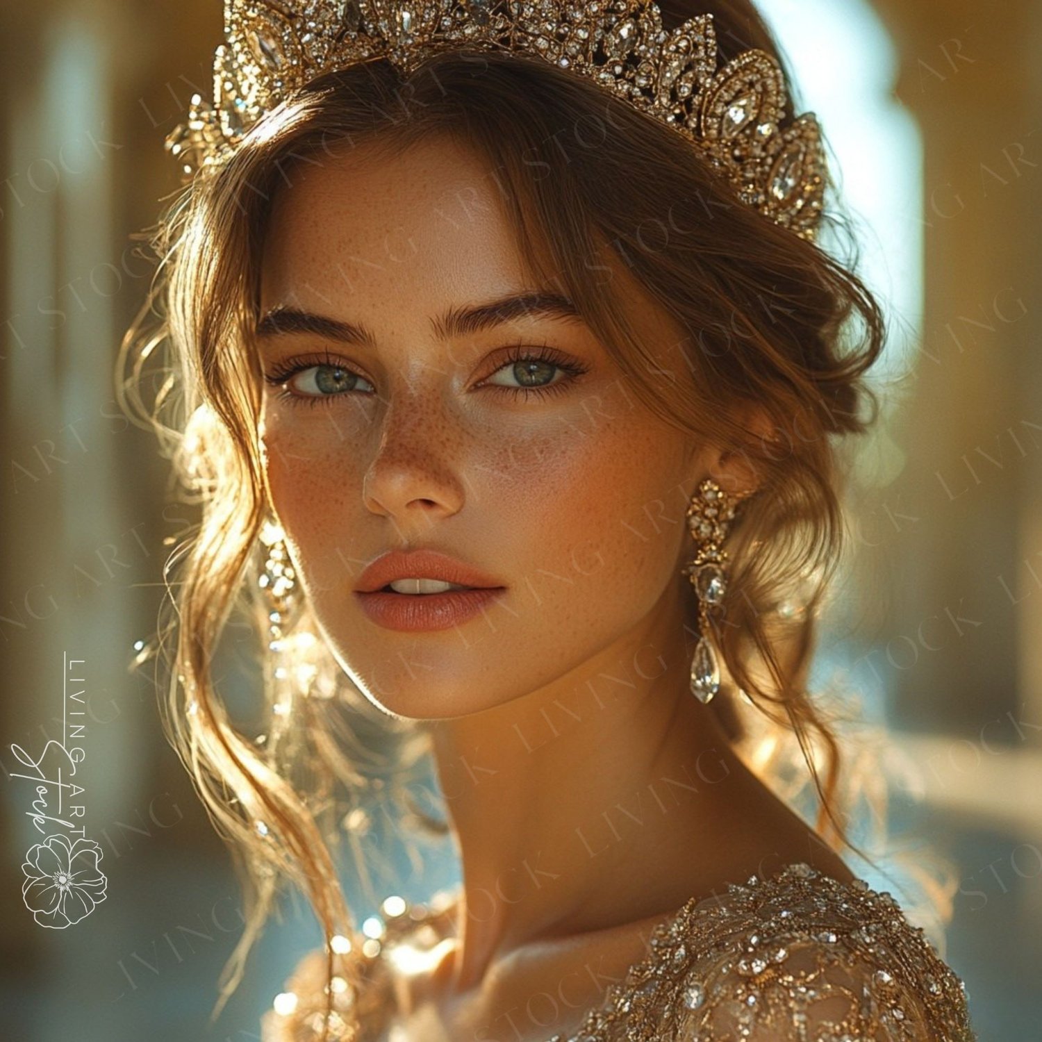 A breathtaking, sun-kissed editorial portrait of a beautiful woman, embodying royalty and glamour. She is wearing a magnificent golden crown adorned with sparkling jewels and matching drop earrings. Her face is framed by soft, flowing hair, and she has su