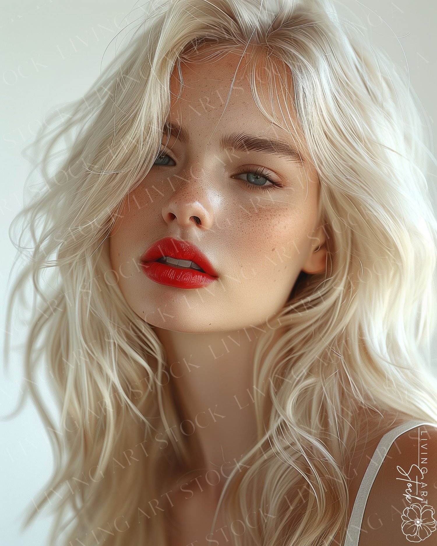A striking and vibrant editorial portrait of a beautiful blonde woman with a bold and confident expression. Her long, platinum blonde hair is styled in loose waves, creating a sense of effortless, windblown movement. The image focuses on her captivating b