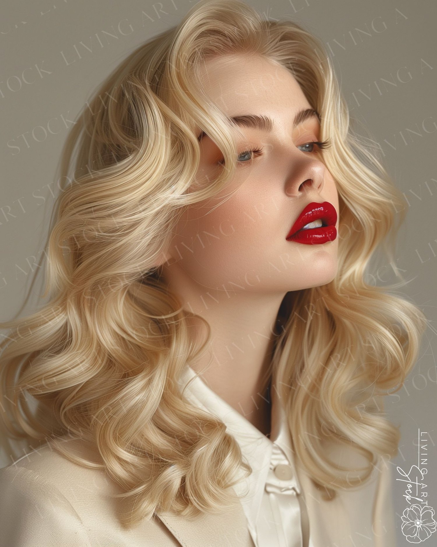 A stunning and elegant editorial portrait of a beautiful blonde woman with a classic Old Hollywood glamour aesthetic. Her hair is styled in perfect, voluminous waves, reminiscent of a retro film star. She is wearing a chic, neutral-toned blazer over a sil