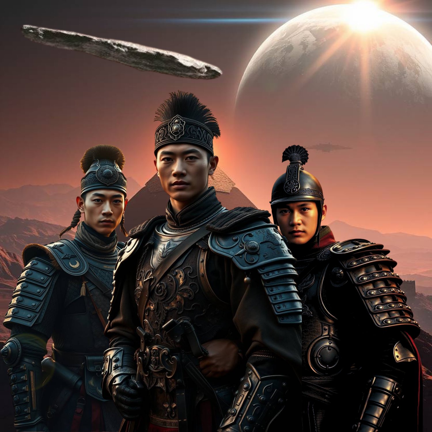 Ancient warriors in armor with pyramids, moon, and alien ship in sky