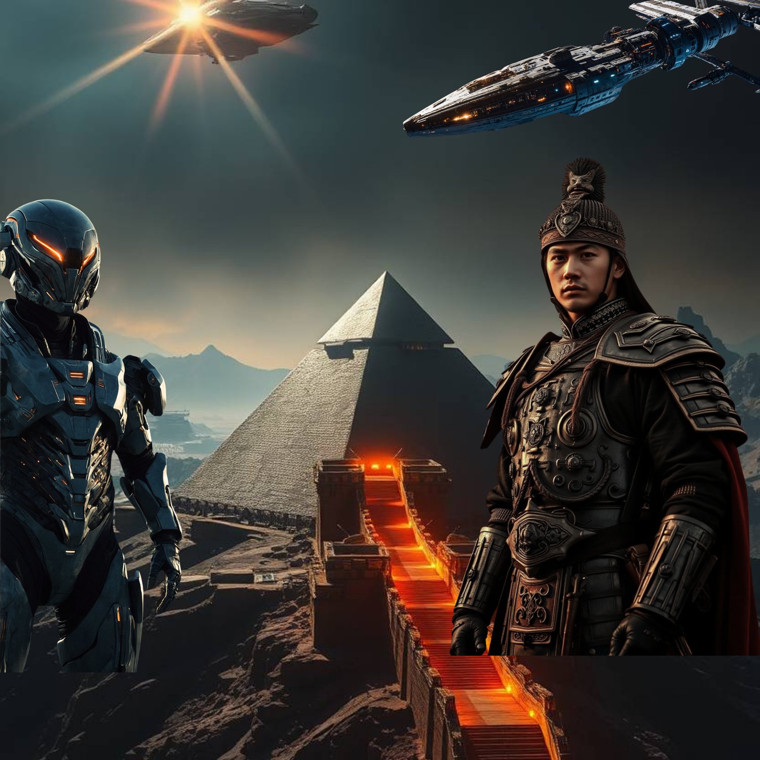 Futuristic warrior and ancient soldier before glowing pyramid and alien ships