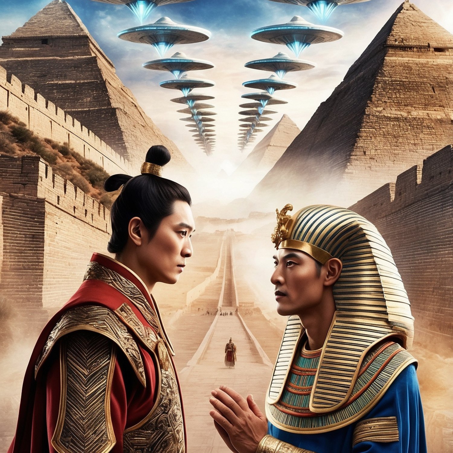 Ancient Egypt and China leaders with UFOs over pyramids and the Great Wall