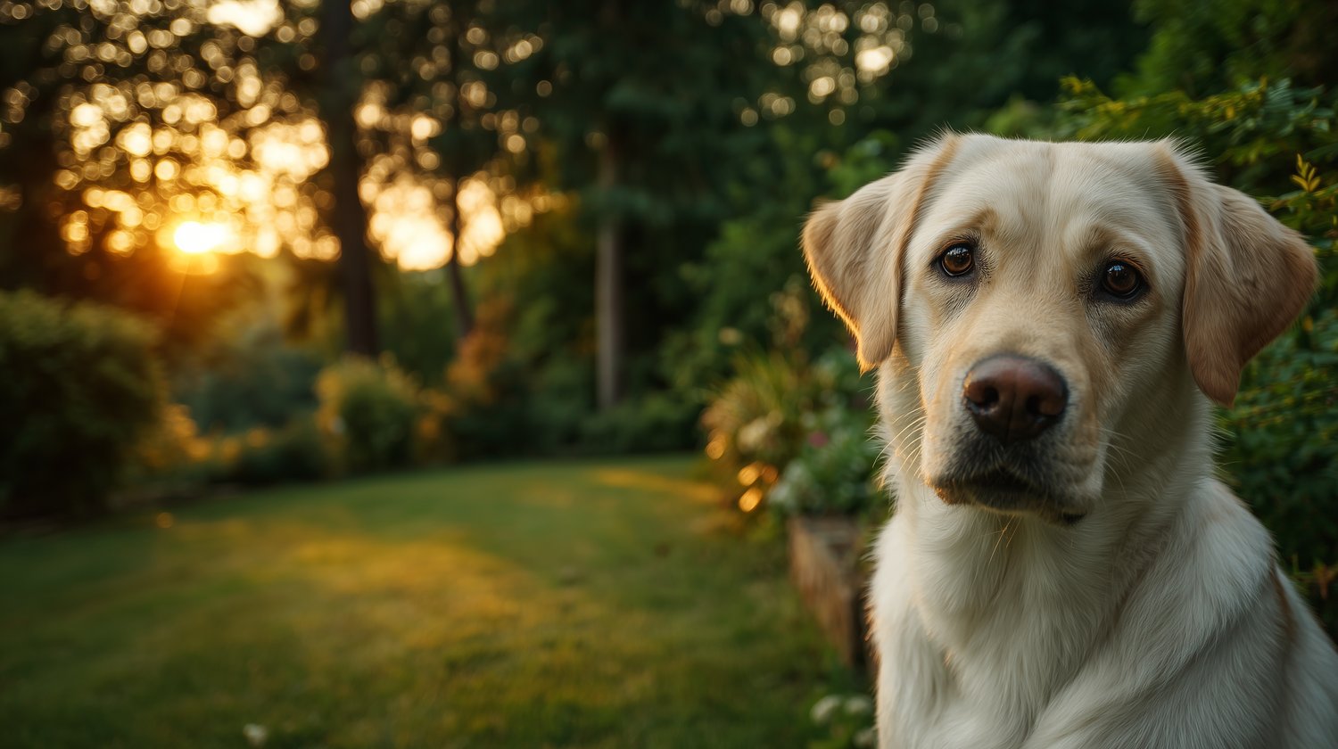 Photograph of a Yellow Labrador dog at golden hour