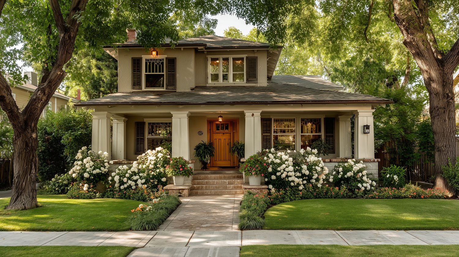 Photograph of a two story home on a lush tree lined street - a home portrait.