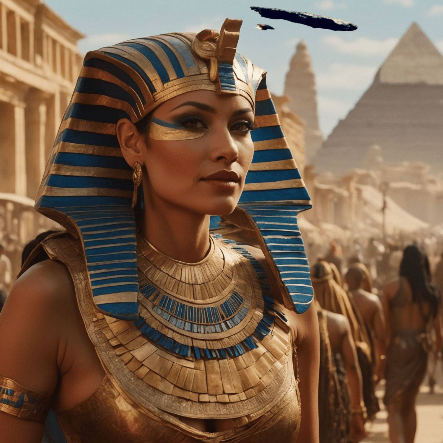 Egyptian queen in gold attire with pyramids and spaceship above