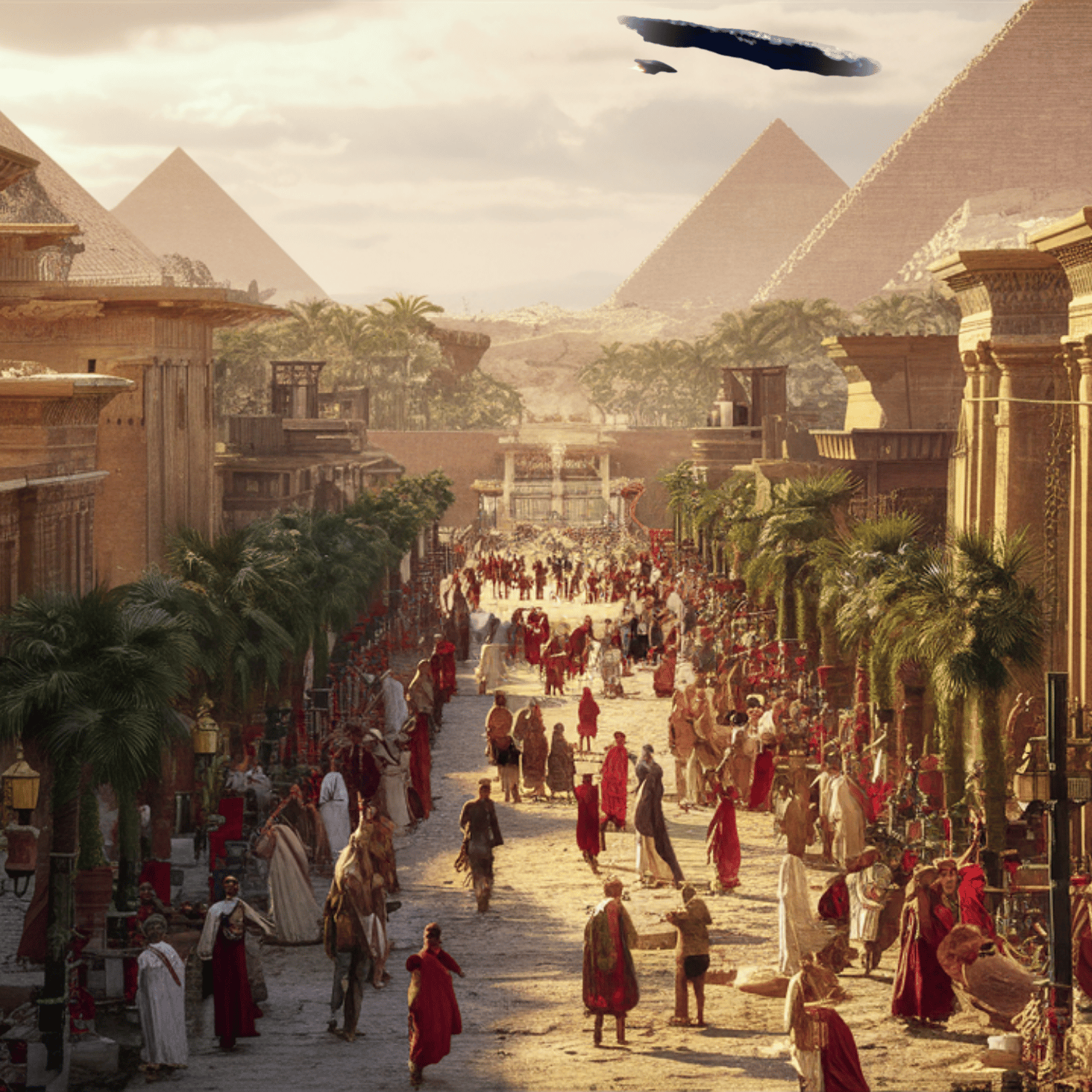 Ancient city market with pyramids and spaceship in the sky
